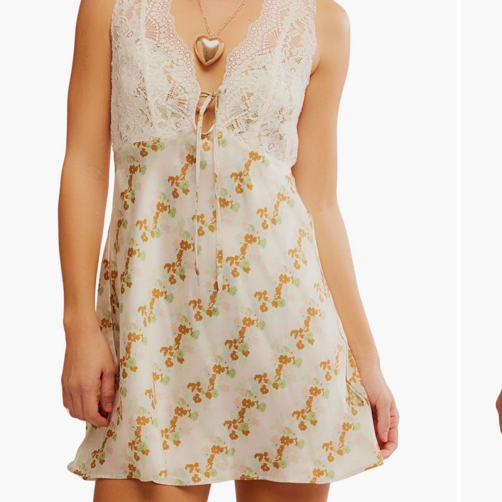 Lace-Trim Floral Slip Dress in Cream and Mustard